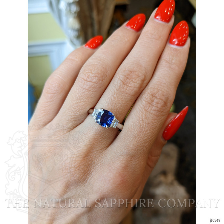 1.64 Ct. Blue Sapphire and Natural Diamond Three Stone Ring, 18K White Gold