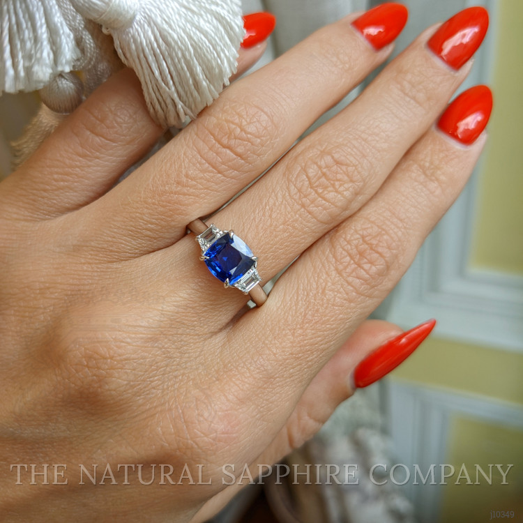 1.64 Ct. Blue Sapphire and Natural Diamond Three Stone Ring, 18K White Gold