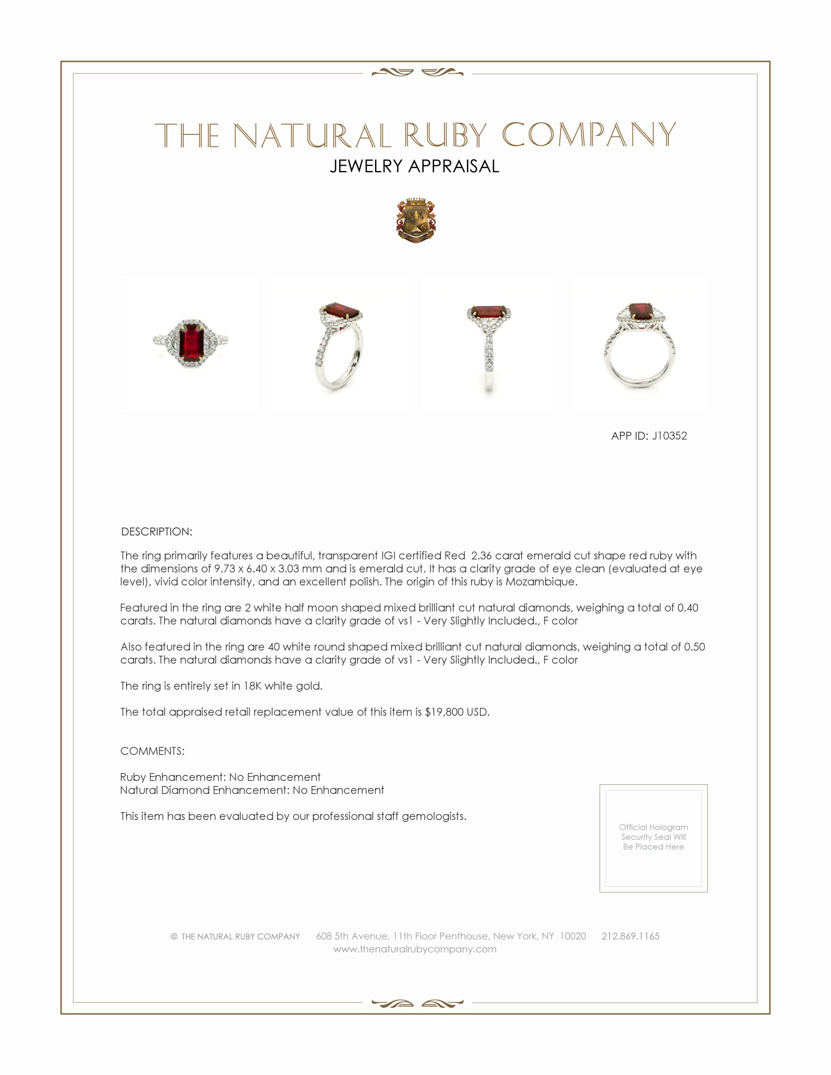 2.36 Ct. Ruby and Natural Diamond Three Stone Ring, 18K White Gold