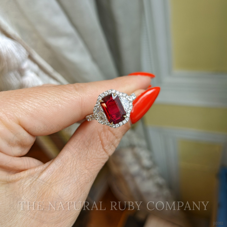 2.36 Ct. Ruby Natural Diamond Three Stone Ring, 18K White Gold
