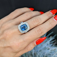 4.78 Ct. Greenish Blue Sapphire and Natural Diamond Pave Ring, 18K White Gold Video