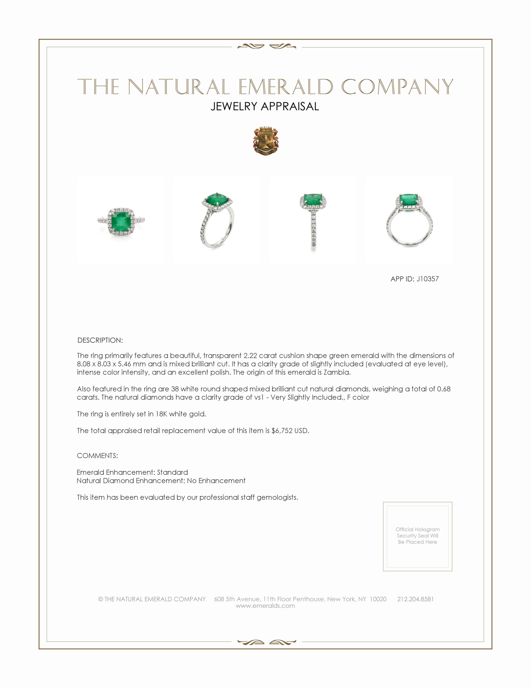 2.22 Ct. Emerald and Natural Diamond Pave Ring, 18K White Gold