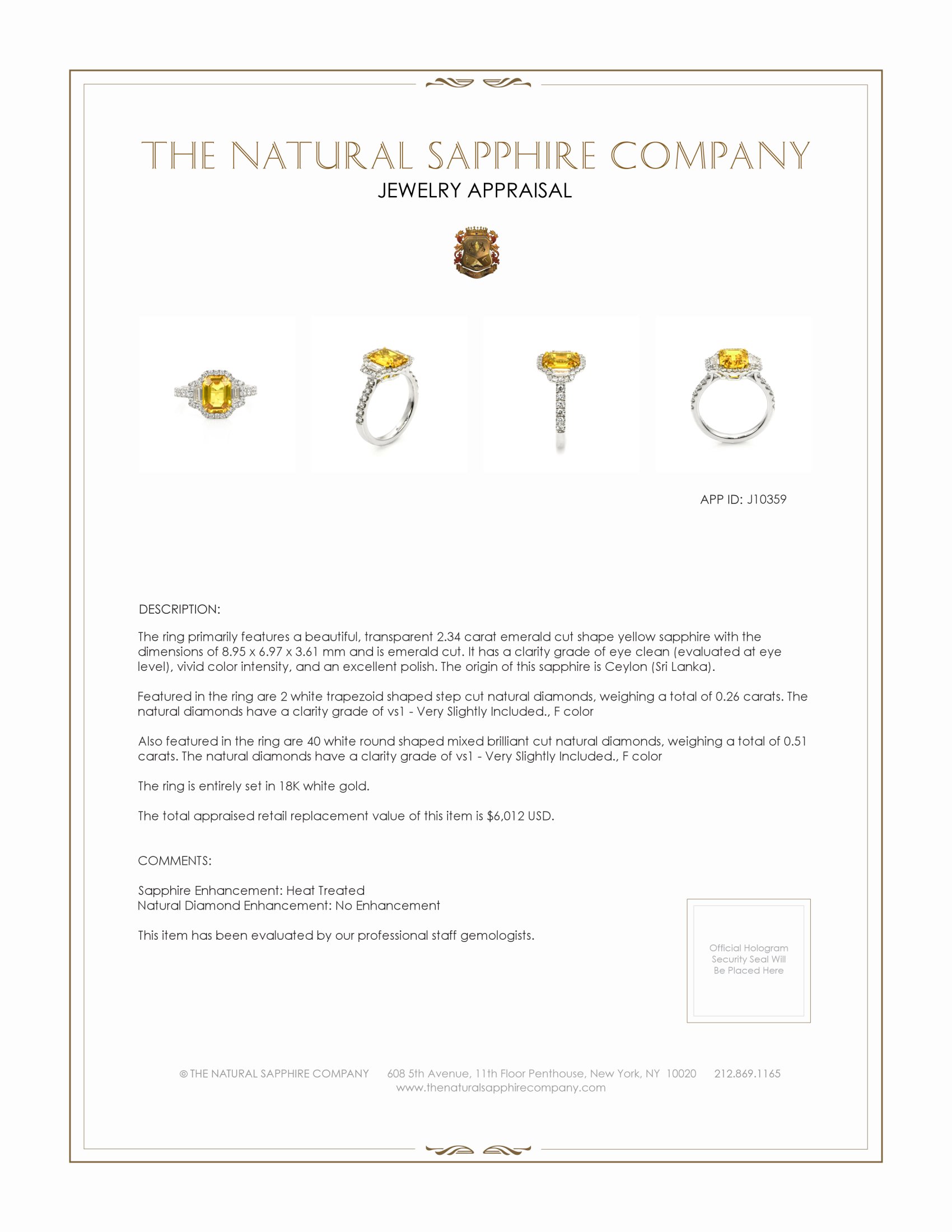 2.34 Ct. Yellow Sapphire and Natural Diamond Three Stone Ring, 18K White Gold