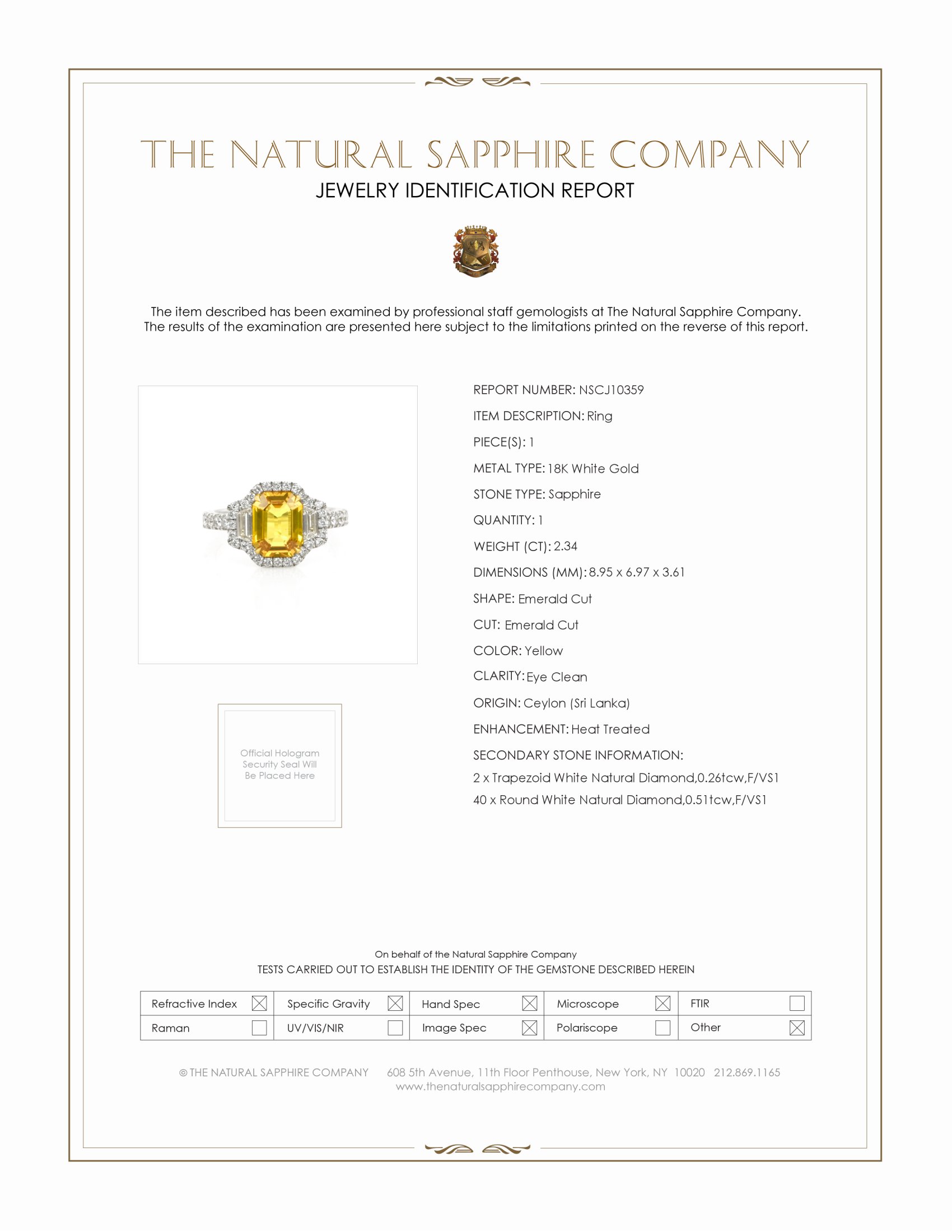 2.34 Ct. Yellow Sapphire and Natural Diamond Three Stone Ring, 18K White Gold