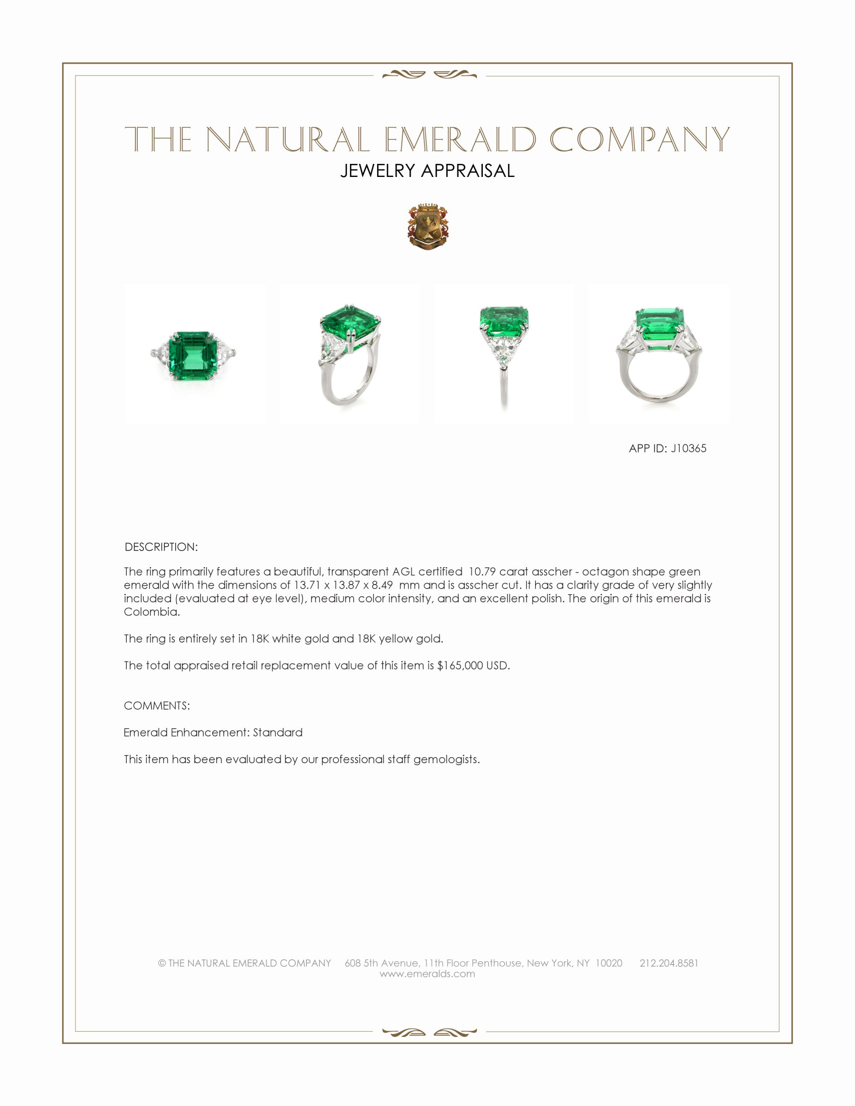 10.79 Ct. Emerald Three Stone Ring, 18K White & Yellow