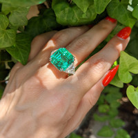 10.79 Ct. Emerald Three Stone Ring, 18K White & Yellow Life Style