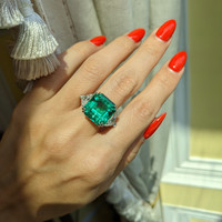 10.79 Ct. Emerald Three Stone Ring, 18K White & Yellow Life Style