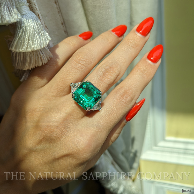 10.79 Ct. Emerald Three Stone Ring, 18K White & Yellow