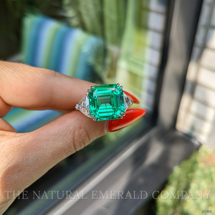 10.79 Ct. Emerald Three Stone Ring, 18K White & Yellow