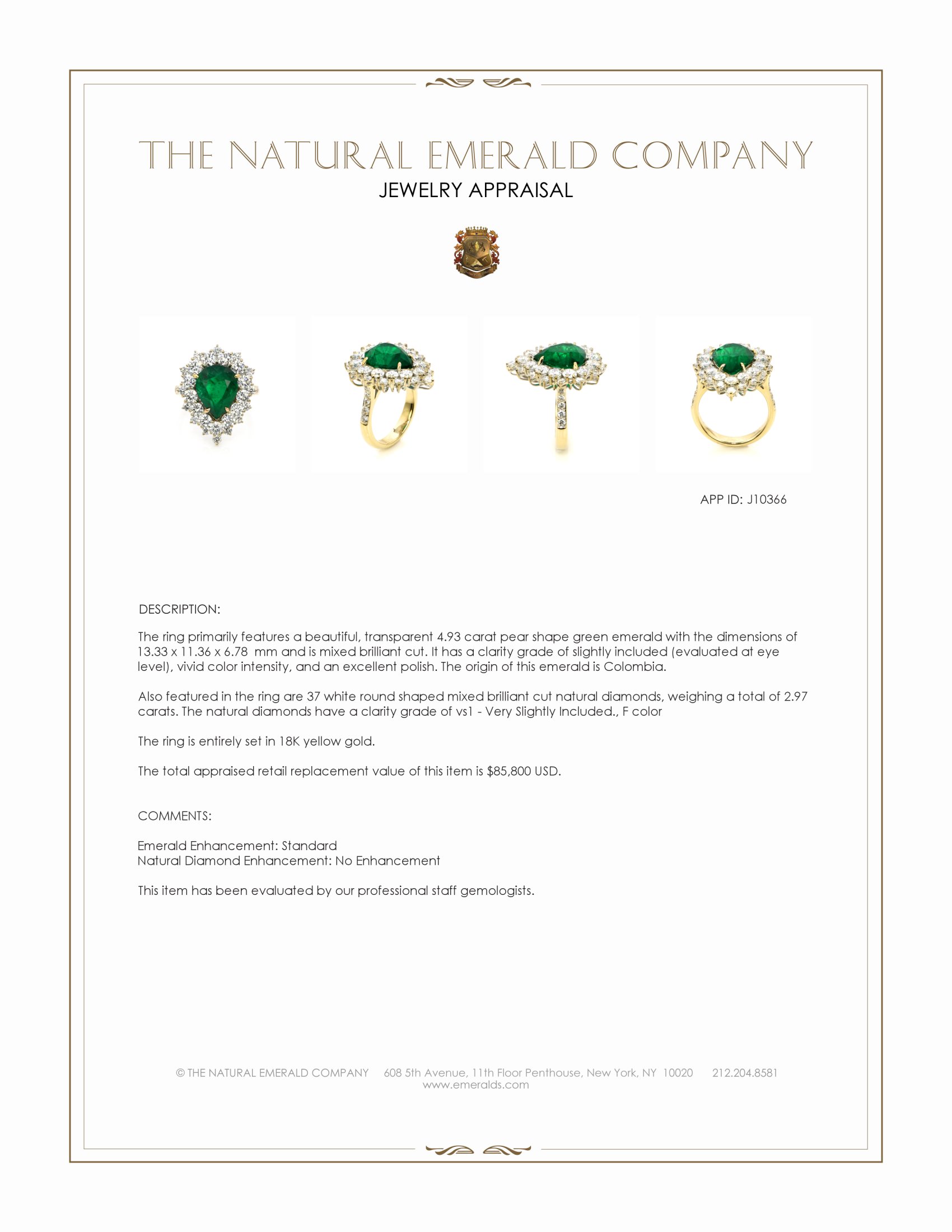 4.93 Ct. Emerald and Natural Diamond Pave Ring, 18K Yellow Gold