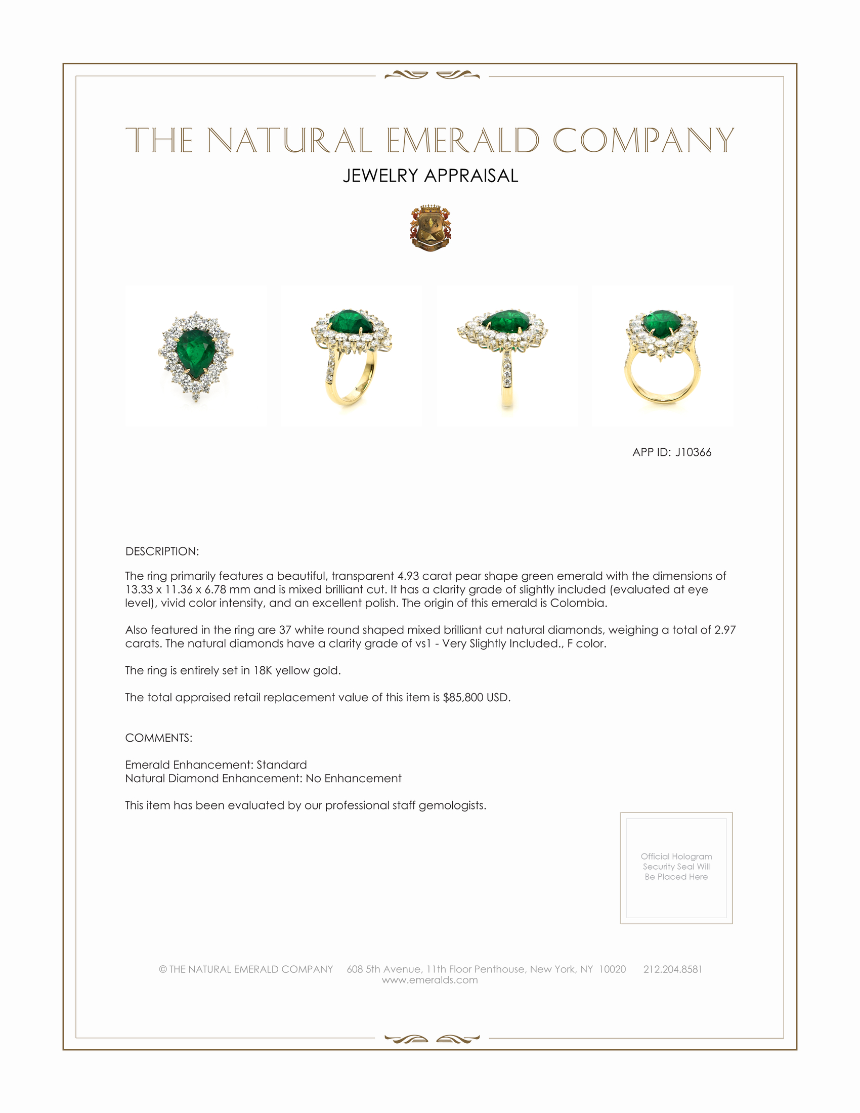 4.93 Ct. Emerald and Natural Diamond Pave Ring, 18K Yellow Gold