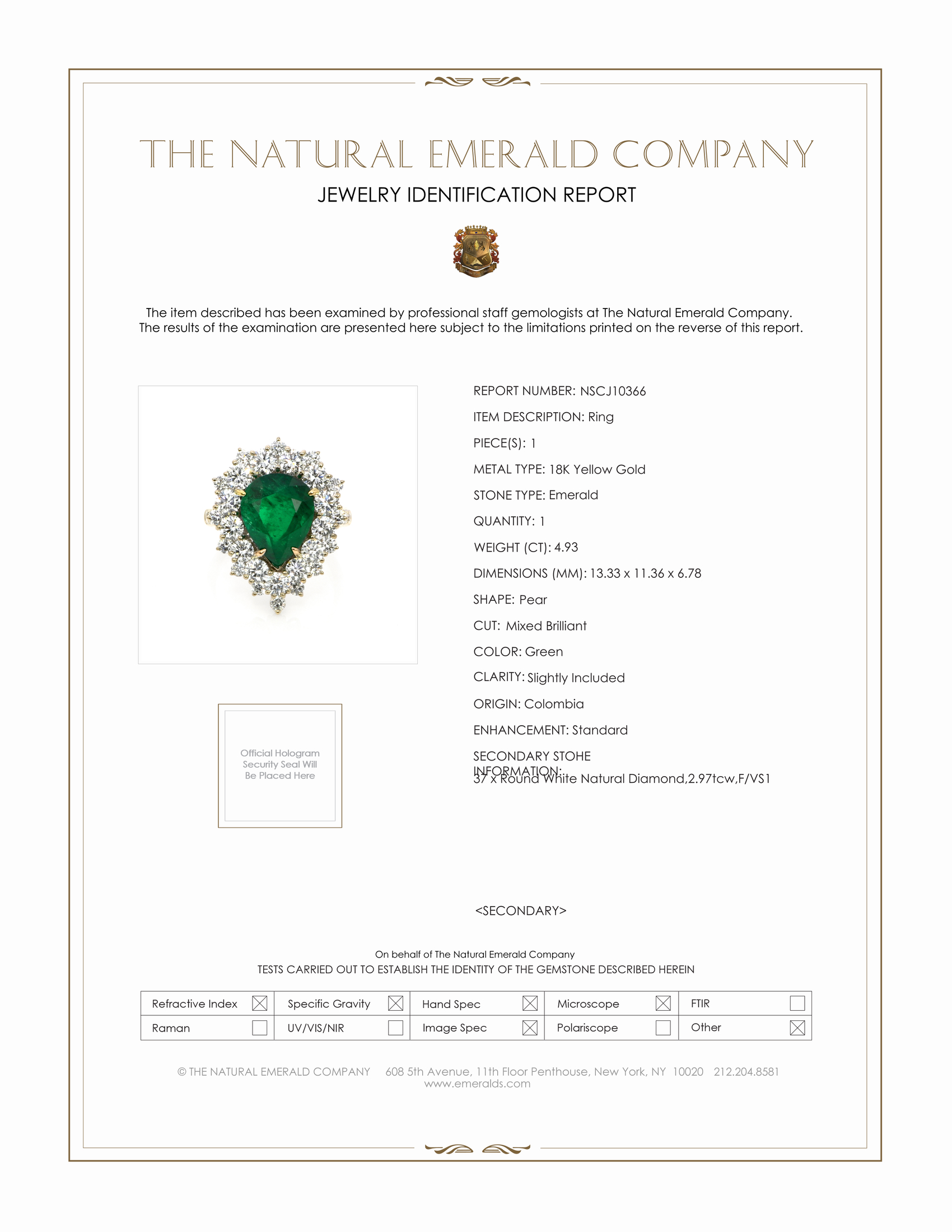 4.93 Ct. Emerald and Natural Diamond Pave Ring, 18K Yellow Gold