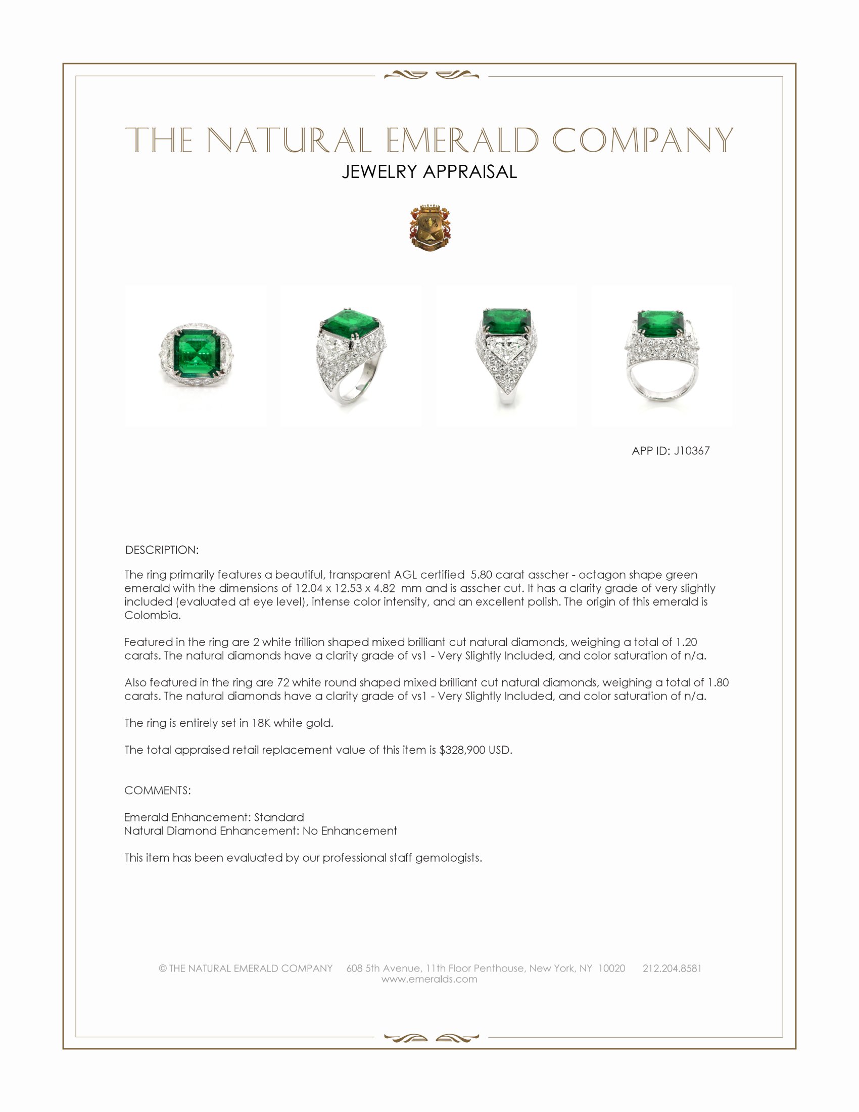 5.80 Ct. Emerald and Natural Diamond Three Stone Ring, 18K White Gold