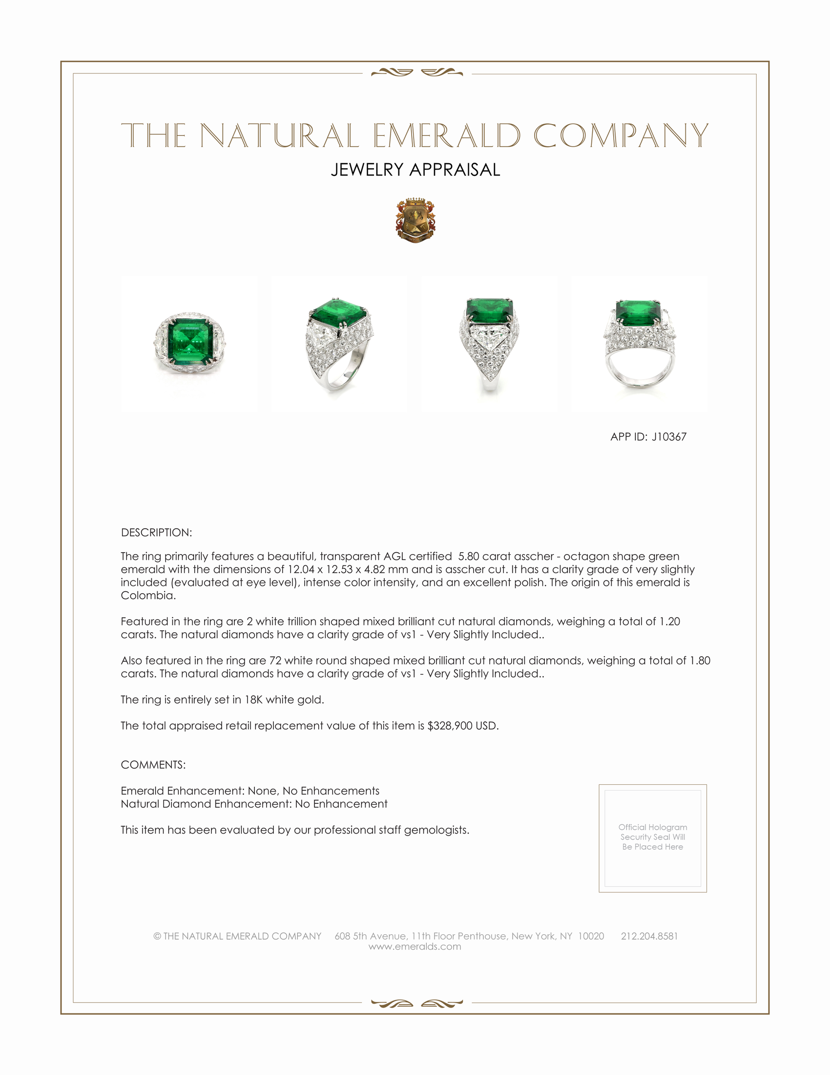 5.80 Ct. Emerald and Natural Diamond Three Stone Ring, 18K White Gold