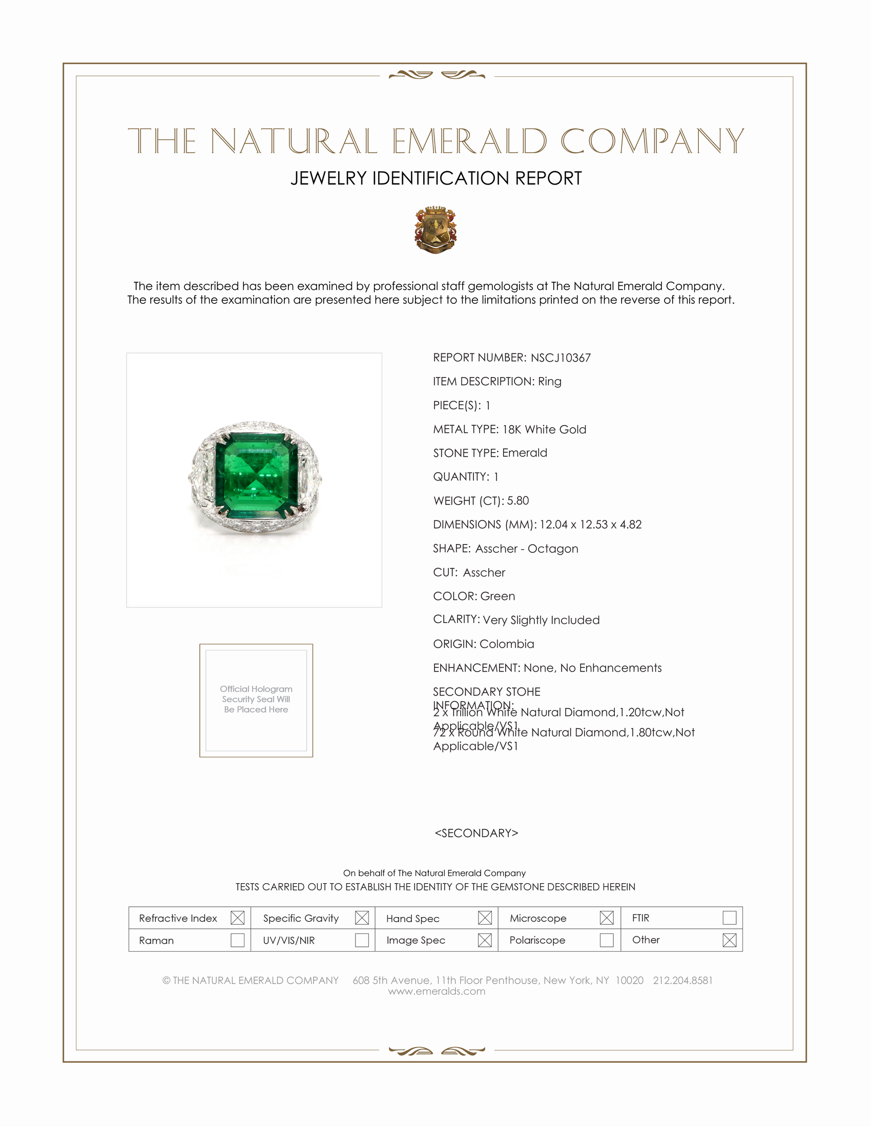 5.80 Ct. Emerald and Natural Diamond Three Stone Ring, 18K White Gold