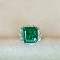 5.80 Ct. Emerald Natural Diamond Three Stone Ring, 18K White Gold Life Style