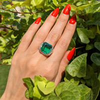 5.80 Ct. Emerald Natural Diamond Three Stone Ring, 18K White Gold Life Style