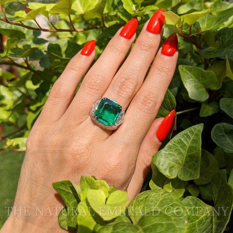 5.80 Ct. Emerald Natural Diamond Three Stone Ring, 18K White Gold
