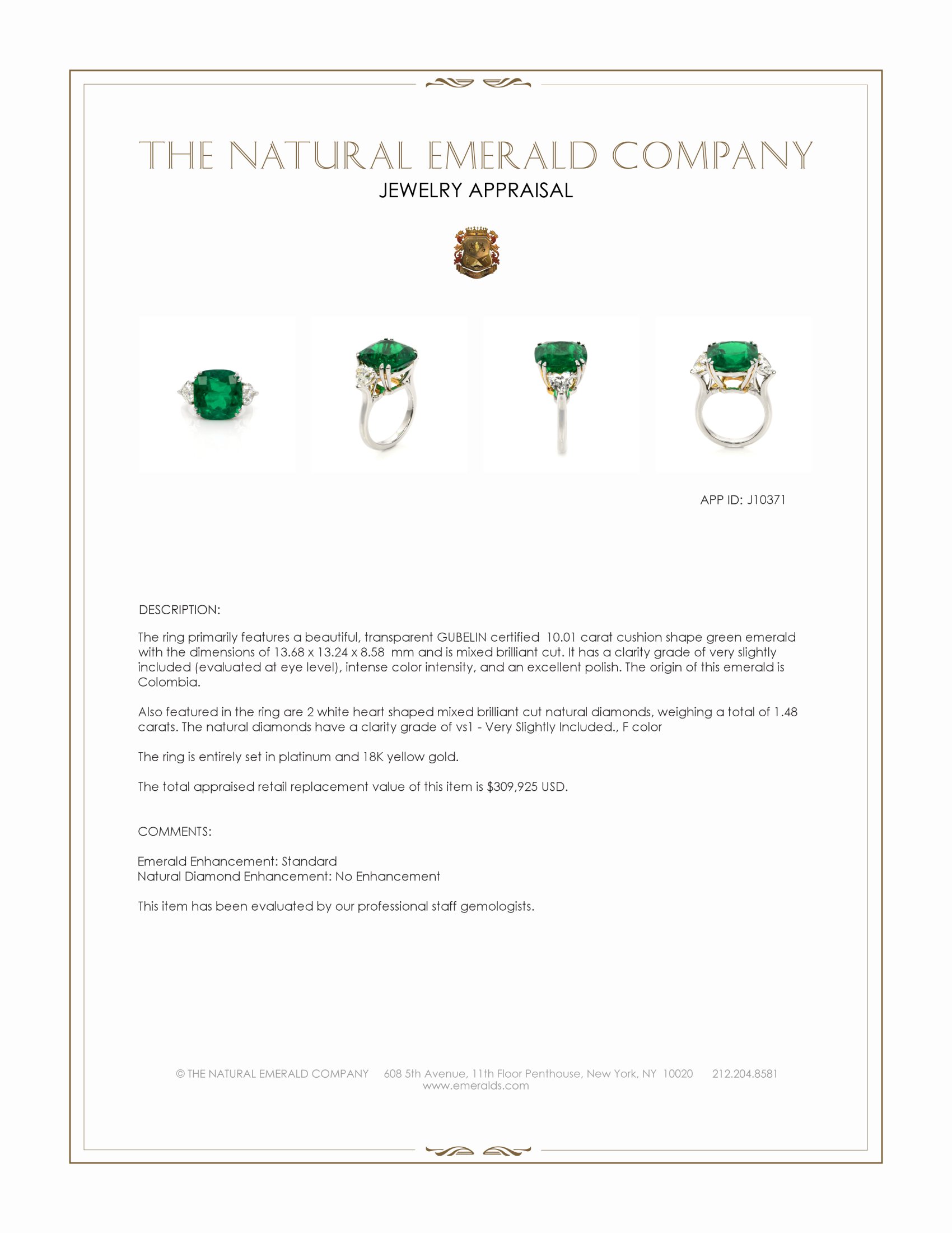 10.01 Ct. Emerald and Natural Diamond Three Stone Ring, Platinum & 18K Yellow