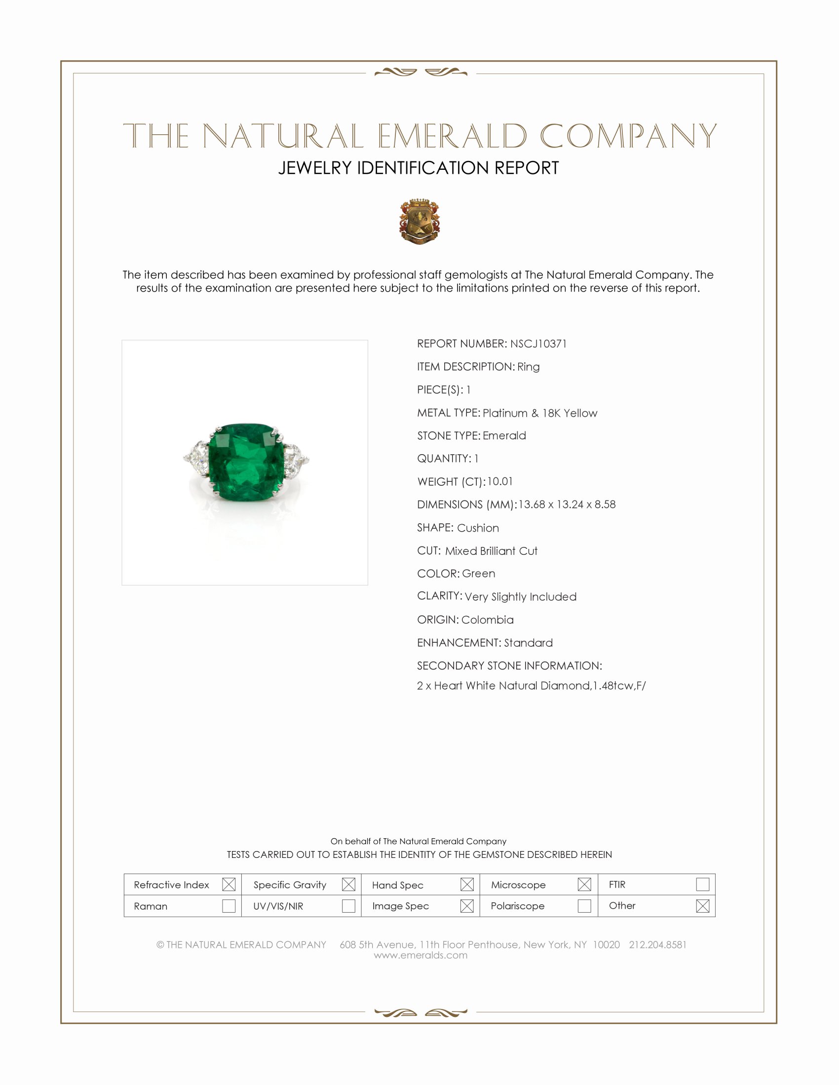 10.01 Ct. Emerald and Natural Diamond Three Stone Ring, Platinum & 18K Yellow