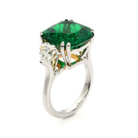 10.01 Ct. Emerald and Natural Diamond Three Stone Ring, Platinum & 18K Yellow Image