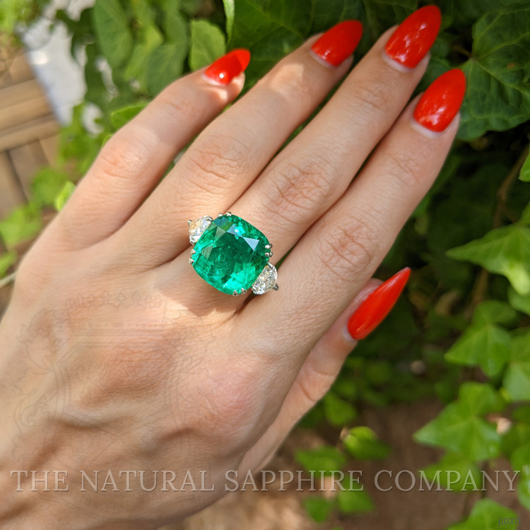 10.01 Ct. Emerald and Natural Diamond Three Stone Ring, Platinum & 18K Yellow