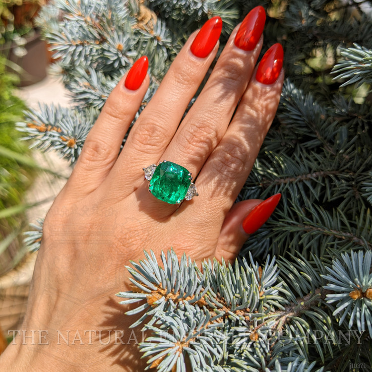 Emerald Three Stone Ring Cushion Platinum 18K