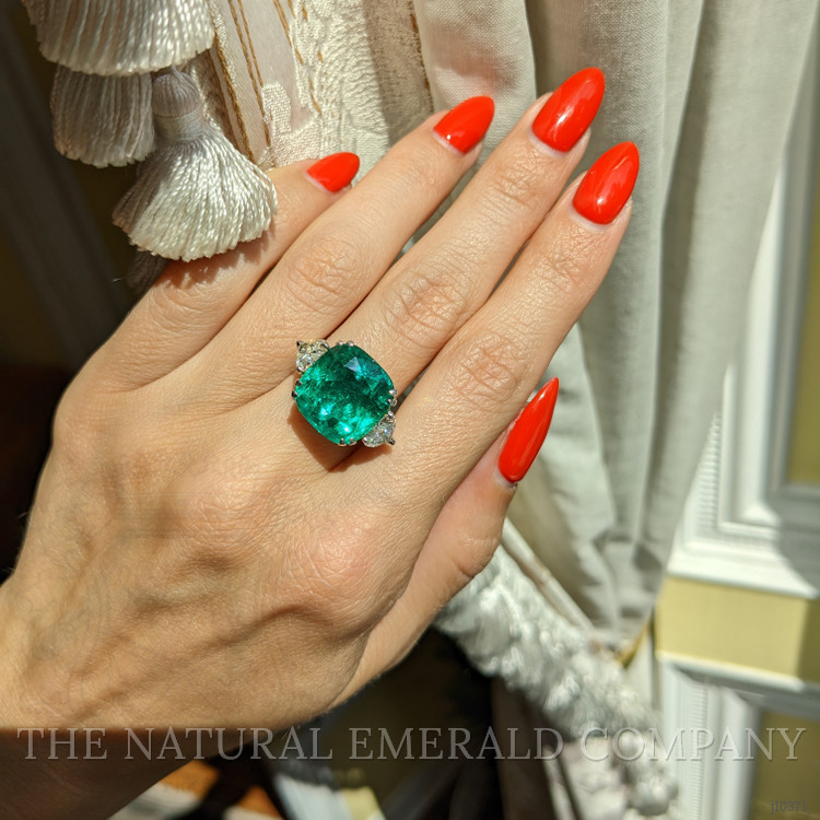 10.01 Ct. Emerald and Natural Diamond Three Stone Ring, Platinum & 18K Yellow