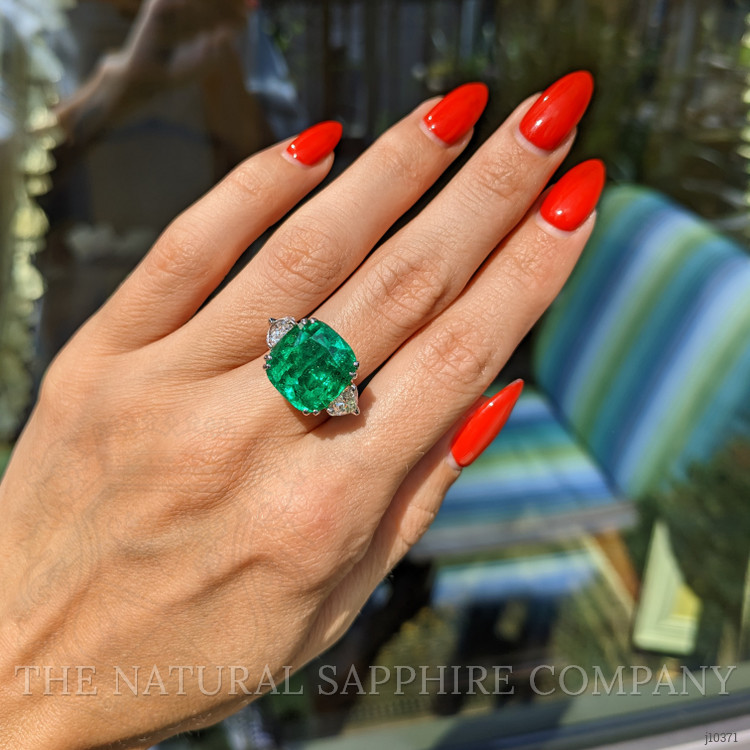 10.01 Ct. Emerald and Natural Diamond Three Stone Ring, Platinum & 18K Yellow