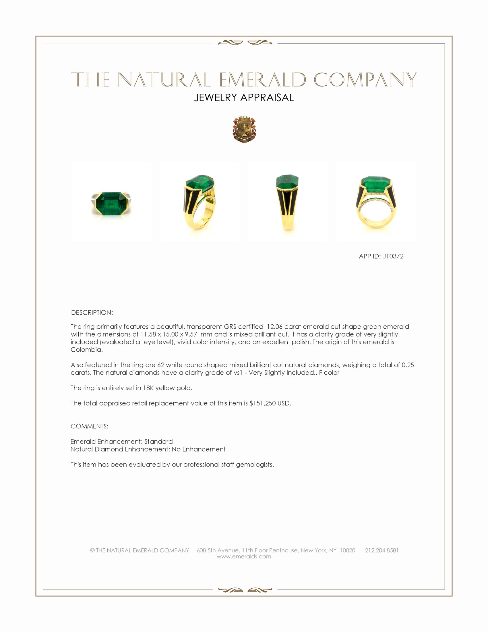 12.06 Ct. Emerald and Natural Diamond Pave Ring, 18K Yellow Gold