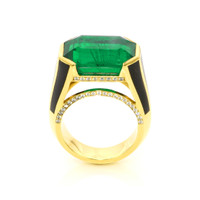 12.06 Ct. Emerald and Natural Diamond Pave Ring, 18K Yellow Gold Image