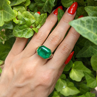 12.06 Ct. Emerald and Natural Diamond Pave Ring, 18K Yellow Gold Life Style