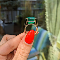 12.06 Ct. Emerald and Natural Diamond Pave Ring, 18K Yellow Gold Life Style