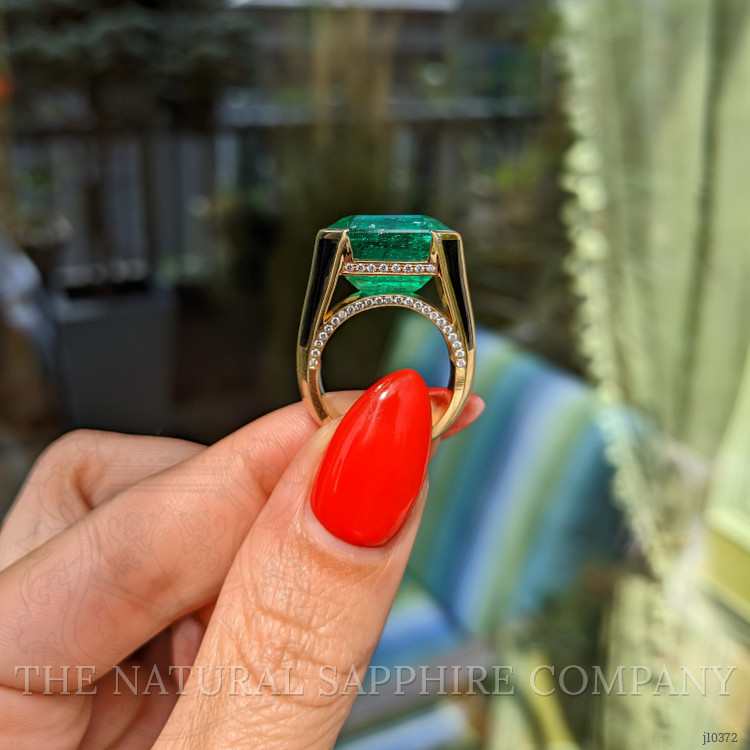 12.06 Ct. Emerald and Natural Diamond Pave Ring, 18K Yellow Gold