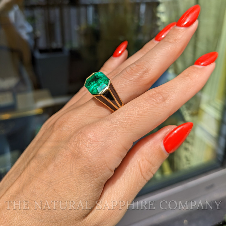 12.06 Ct. Emerald and Natural Diamond Pave Ring, 18K Yellow Gold