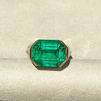 12.06 Ct. Emerald and Natural Diamond Pave Ring, 18K Yellow Gold Life Style