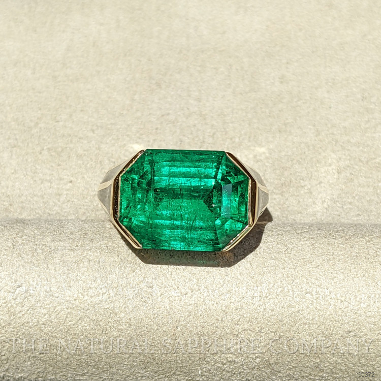 12.06 Ct. Emerald and Natural Diamond Pave Ring, 18K Yellow Gold