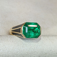 12.06 Ct. Emerald and Natural Diamond Pave Ring, 18K Yellow Gold Life Style