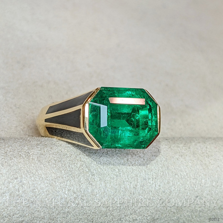 12.06 Ct. Emerald and Natural Diamond Pave Ring, 18K Yellow Gold