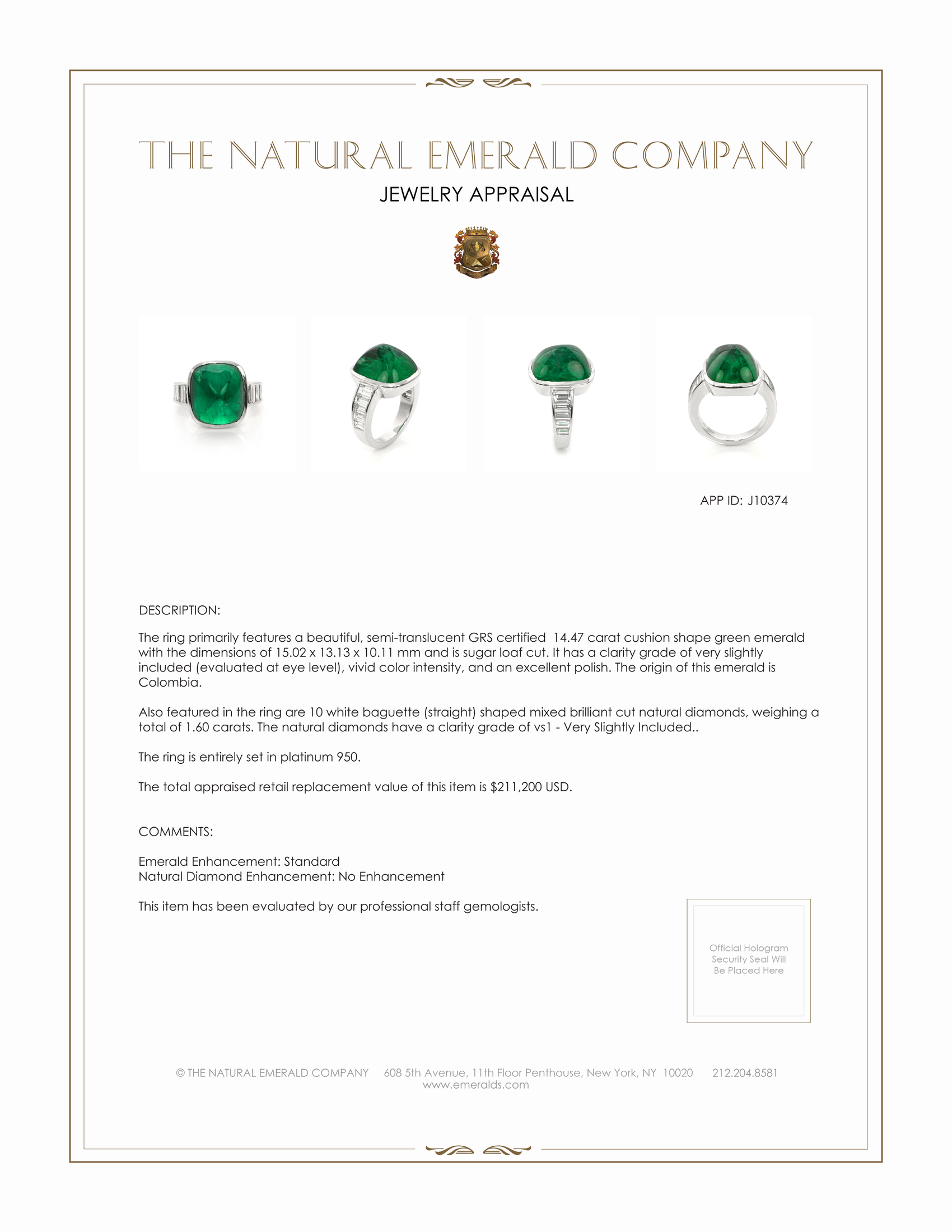 14.47 Ct. Emerald Natural Diamond Pave Ring, Platinum 950