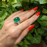 14.47 Ct. Emerald Natural Diamond Pave Ring, Platinum 950 Life Style