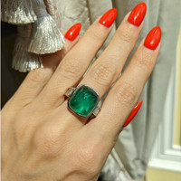14.47 Ct. Emerald Natural Diamond Pave Ring, Platinum 950 Life Style