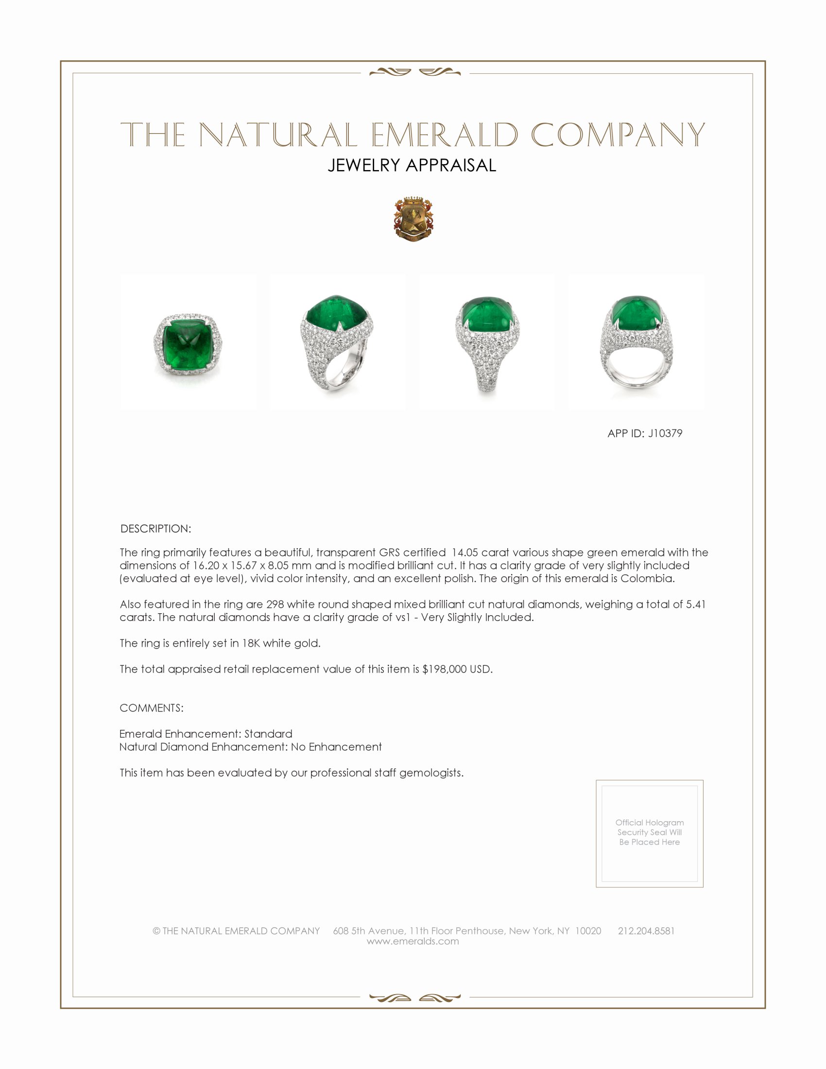 14.05 Ct. Emerald Natural Diamond Pave Ring, 18K White Gold