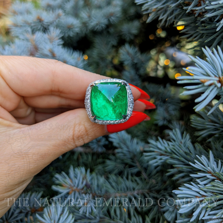 14.05 Ct. Emerald Natural Diamond Pave Ring, 18K White Gold