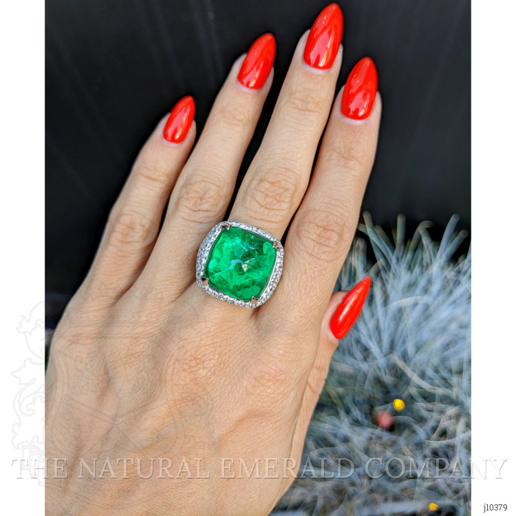 14.05 Ct. Emerald Natural Diamond Pave Ring, 18K White Gold