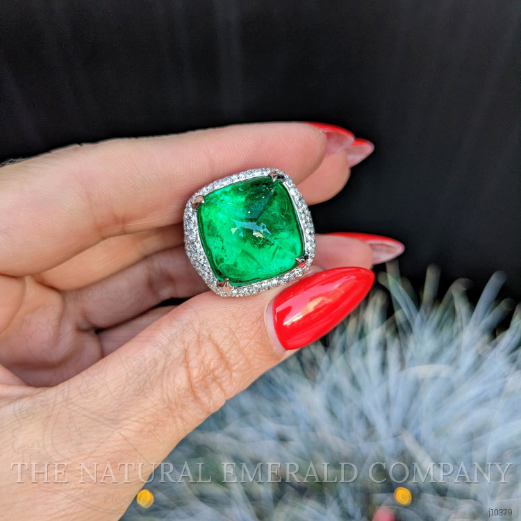 14.05 Ct. Emerald Natural Diamond Pave Ring, 18K White Gold