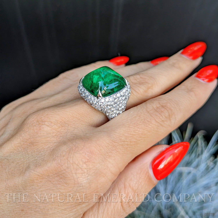 14.05 Ct. Emerald Natural Diamond Pave Ring, 18K White Gold