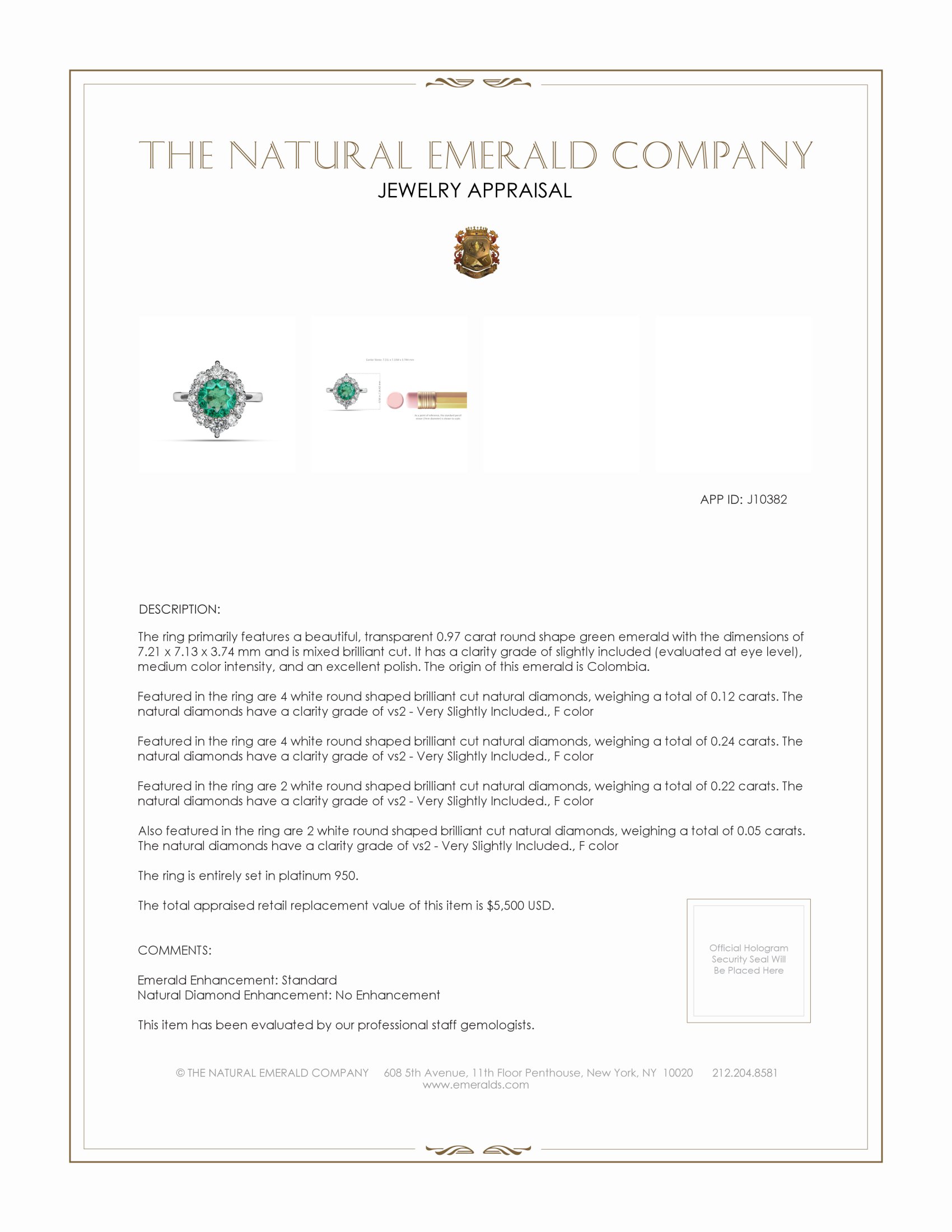 0.97 Ct. Emerald and Natural Diamond Halo Ring, Platinum 950