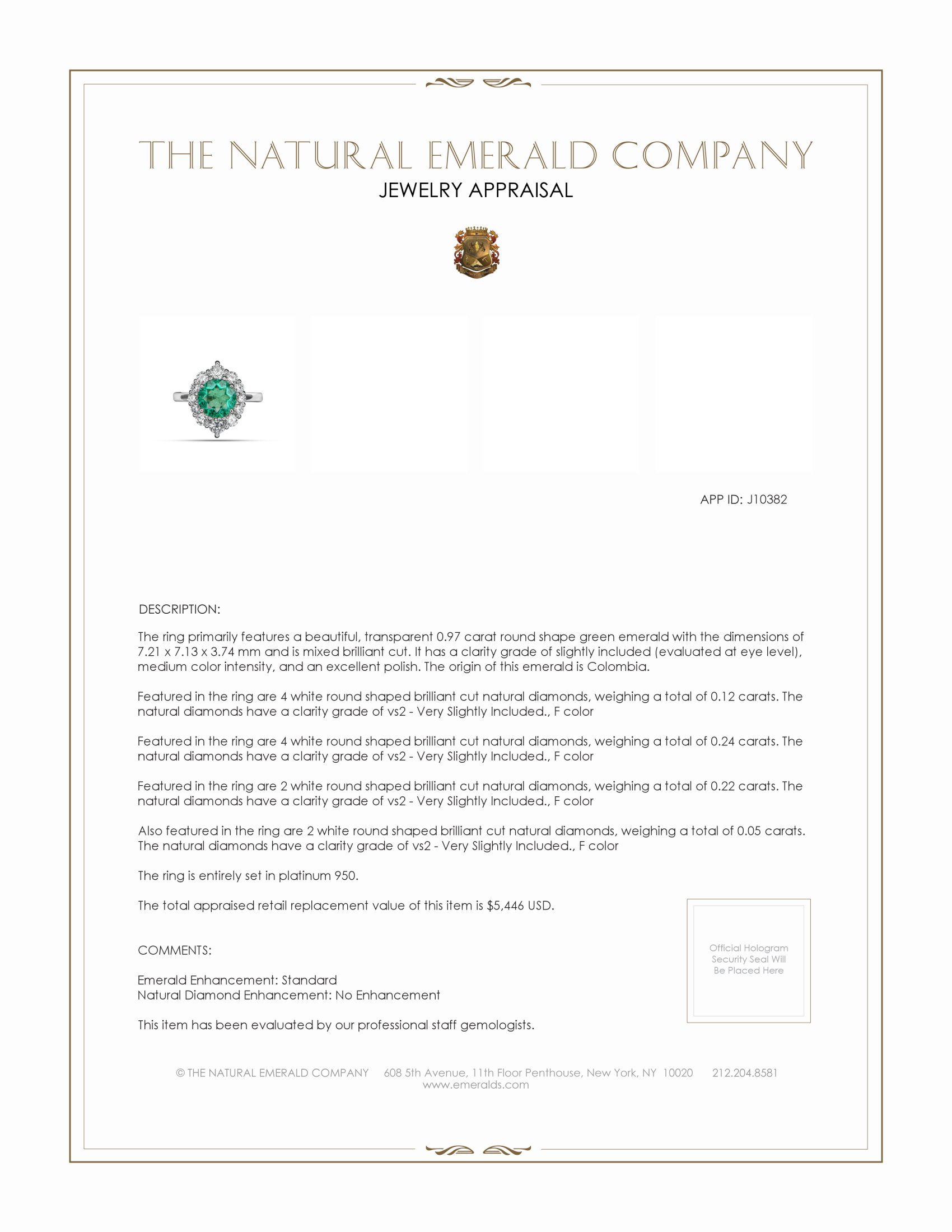 0.97 Ct. Emerald and Natural Diamond Halo Ring, Platinum 950