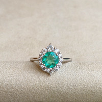0.97 Ct. Emerald and Natural Diamond Halo Ring, Platinum 950 Image